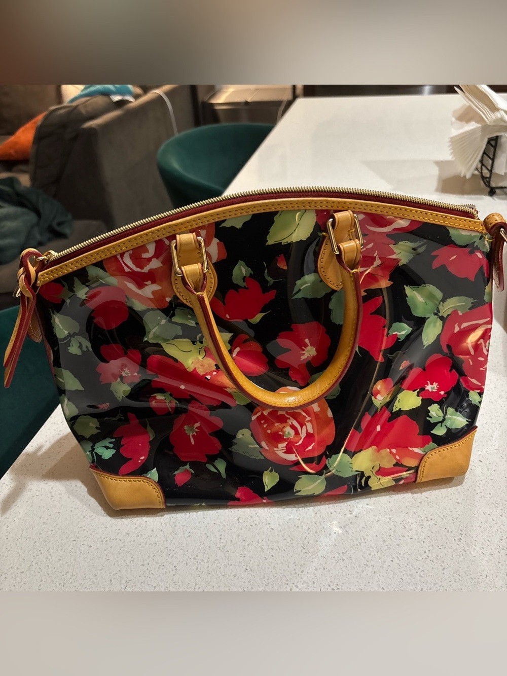 Dooney & Bourke Black Floral Satchel with Tan Trim - Picture 4 of 8